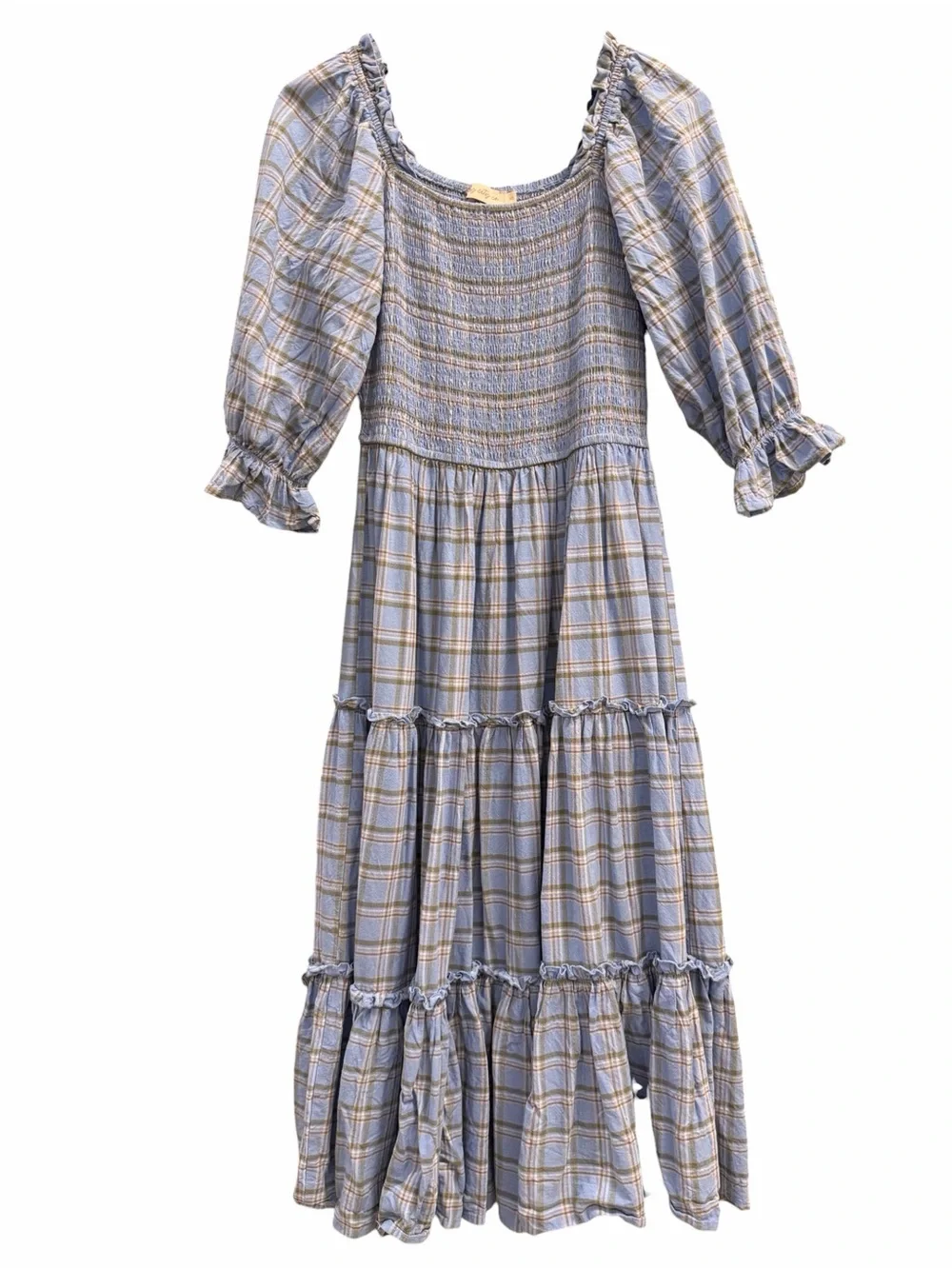 Ivy City Co Madeline Dress Light Blue Plaid Smocked Midi S